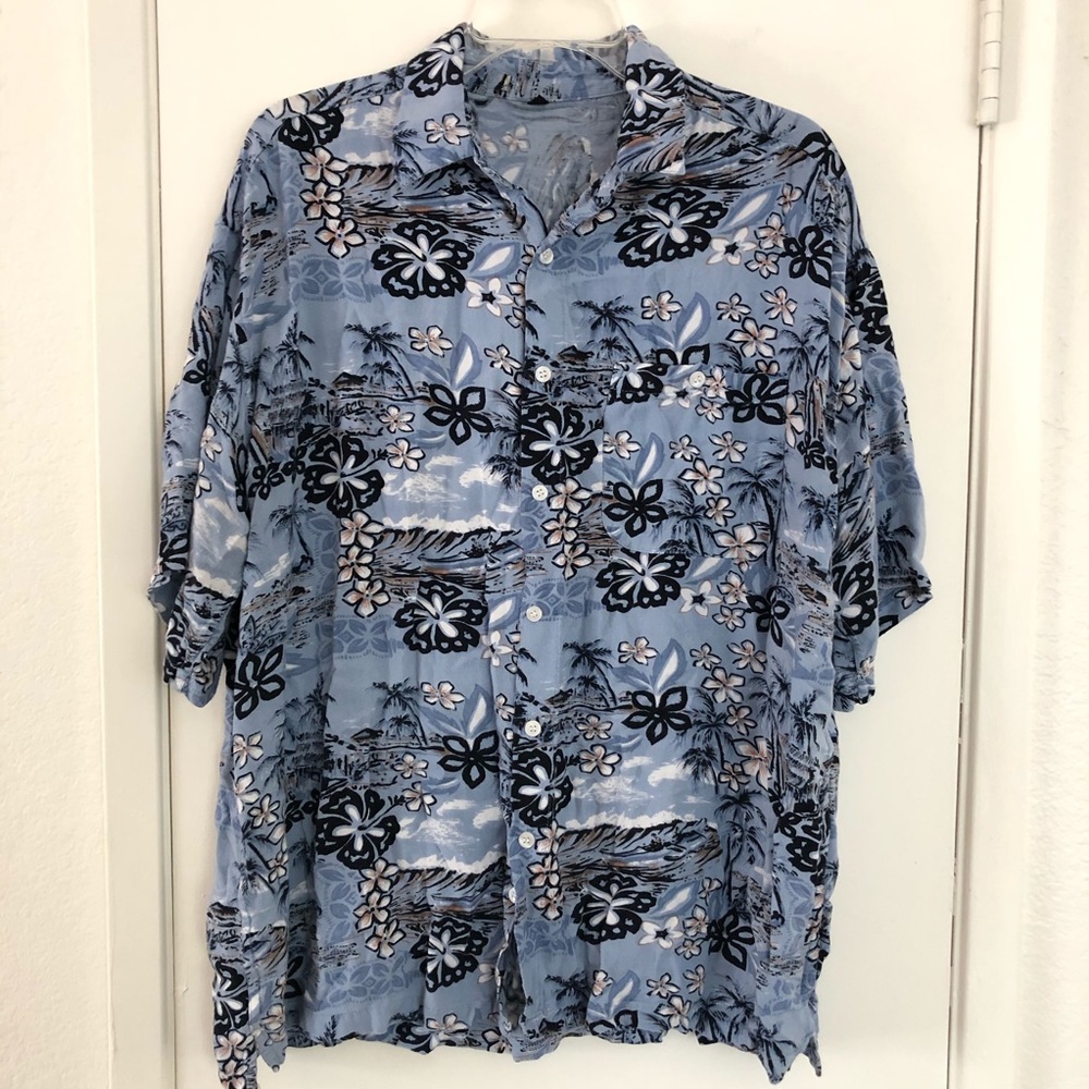 Blue Hawaiian tropical button down shirt